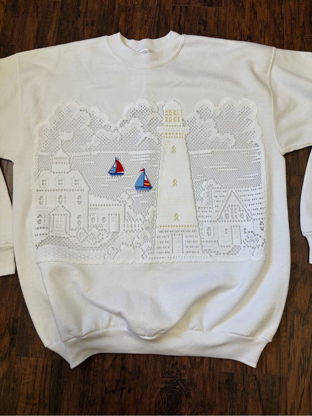 Handmade Lighthouse Sailboat Lace Coastal Scene Sweatshirt